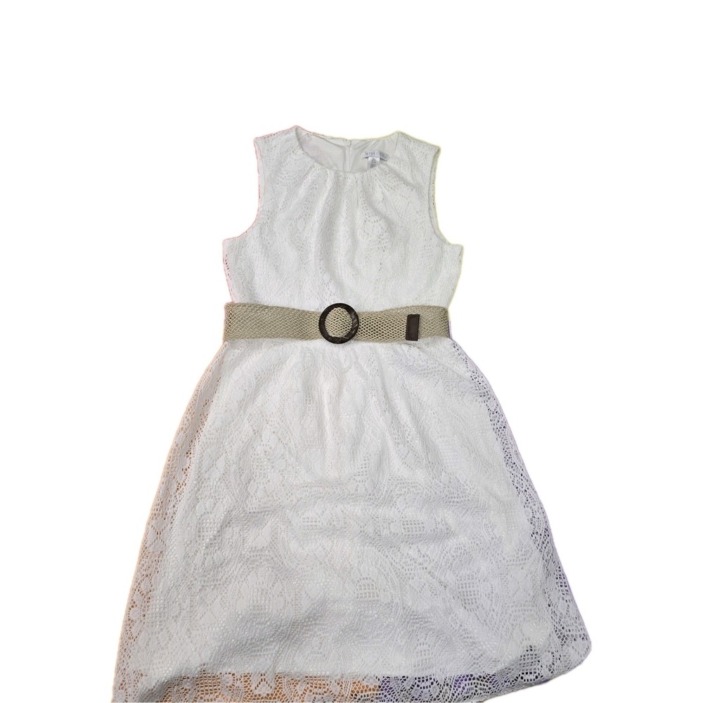 London Times White Lace Sleeveless Dress with Woven Belt - Size 6